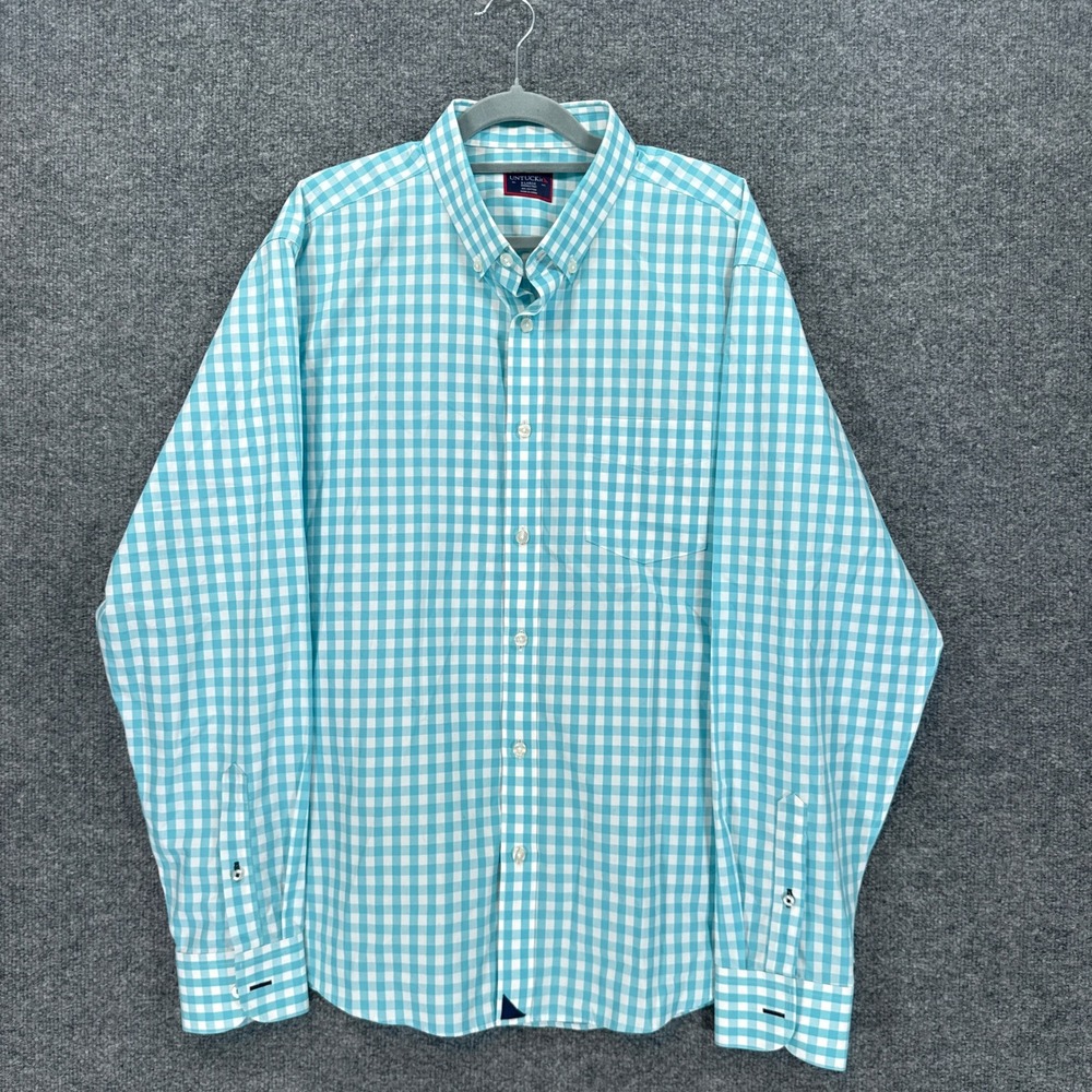 Untuckit Button Down Shirt Men XL Blue Gingham Wrinkle Free Plaid Casual
